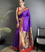 Women purple peacock motifs lichi silk blend saree
