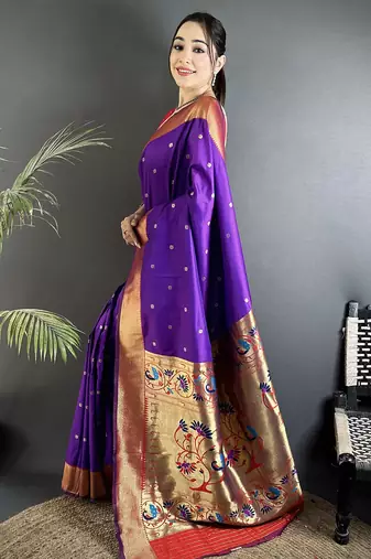 Women purple peacock motifs lichi silk saree