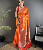 Women orange peacock motifs lichi silk blend saree
