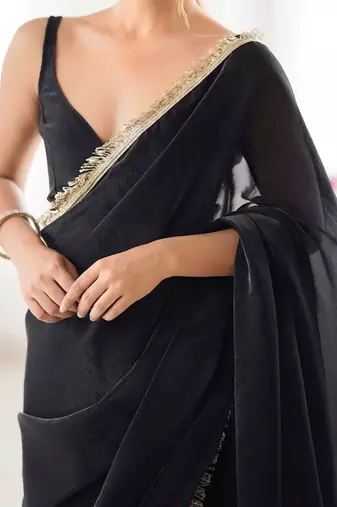 Women fandy silk black zari lace work saree
