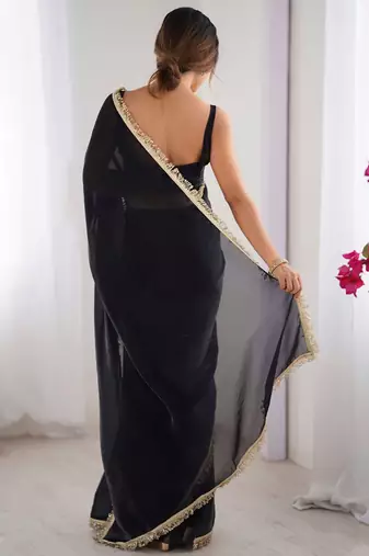 Women fandy silk black zari lace work saree