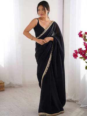 Women fandy silk blend black zari lace work saree 1