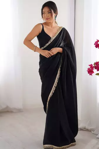 Women fandy silk black zari lace work saree