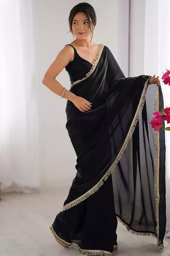 Women fandy silk black zari lace work saree
