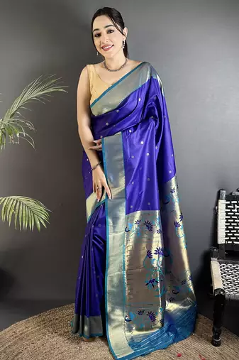 Women royal blue peacock motifs lichi silk saree