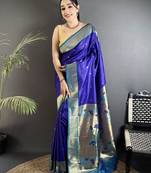 Women royal blue peacock motifs lichi silk blend saree