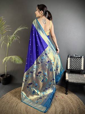 Women royal blue peacock motifs lichi silk blend saree 3