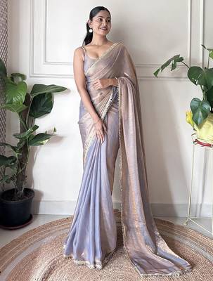 Women fandy silk blend grey zari lace work saree 1
