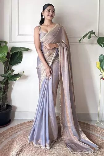 Women fandy silk grey zari lace work saree