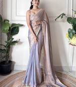 Women fandy silk grey zari lace work saree