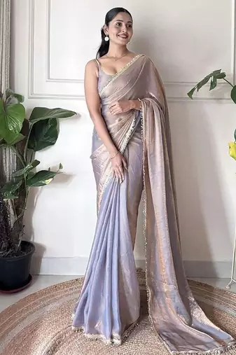 Women fandy silk grey zari lace work saree