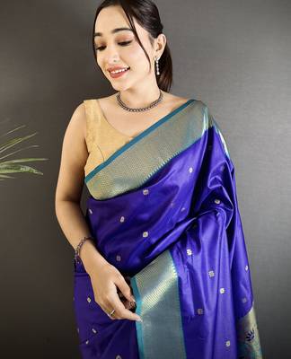 Women royal blue peacock motifs lichi silk blend saree 4
