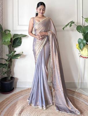 Women fandy silk blend grey zari lace work saree 5