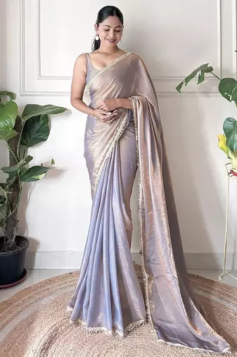 Women fandy silk grey zari lace work saree