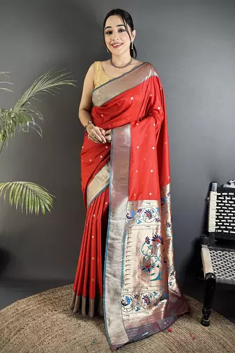 Women red peacock motifs lichi silk saree