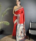 Women red peacock motifs lichi silk saree