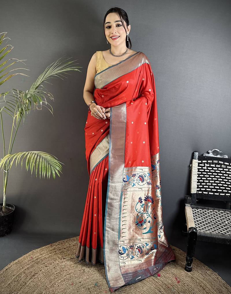 Women red peacock motifs lichi silk saree