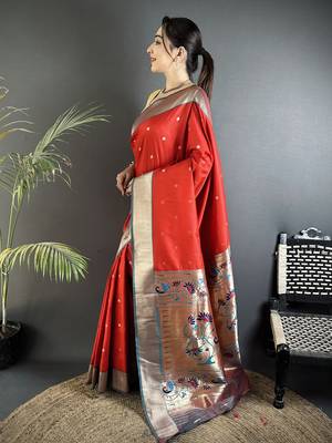 Women red peacock motifs lichi silk blend saree 2