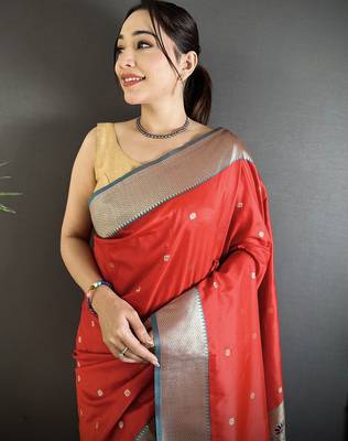Women red peacock motifs lichi silk blend saree 4