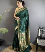 Women green floral ikkat motifs lichi silk saree