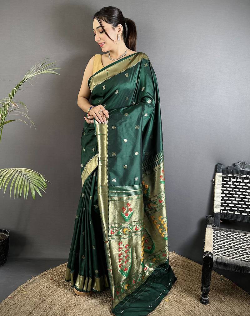 Women green floral ikkat motifs lichi silk saree