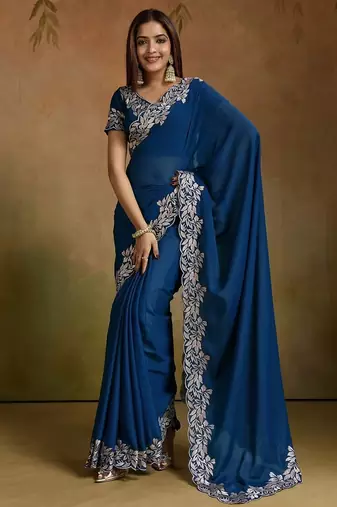 Women gorgette rama zari lace work saree