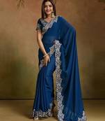 Women gorgette rama zari lace work saree