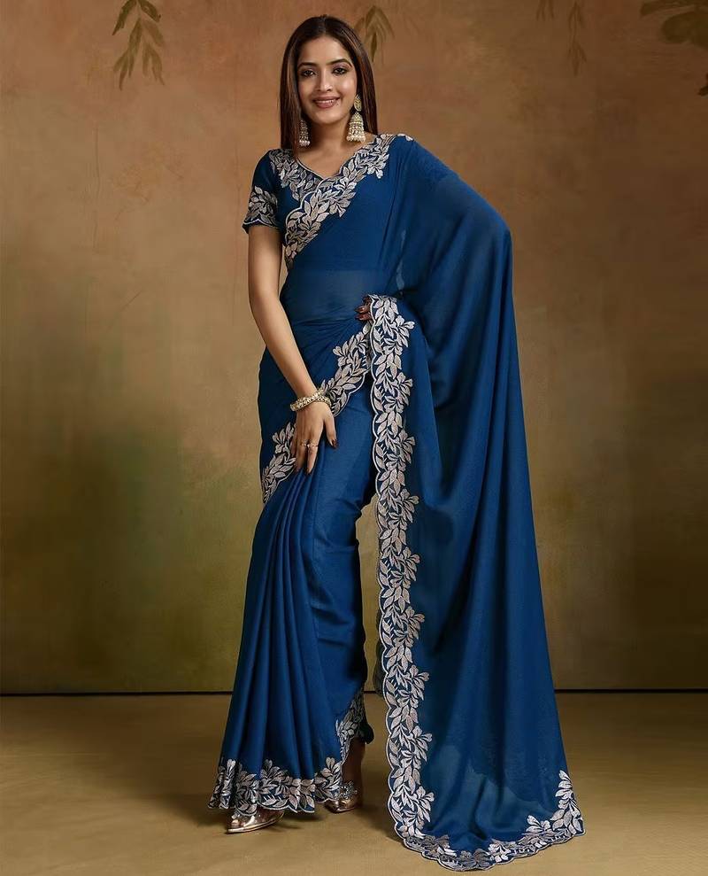 Women gorgette rama zari lace work saree