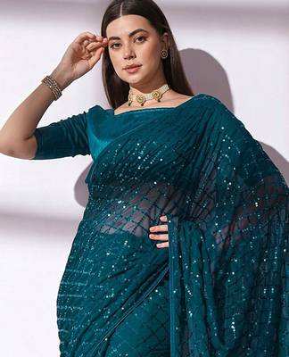 Women gorgette rama zari lace work saree 2