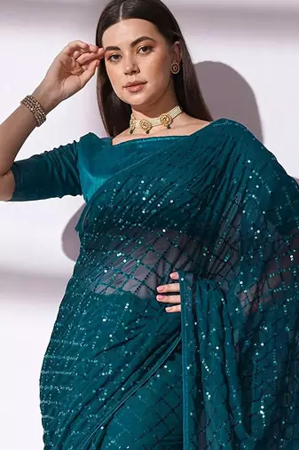 Women gorgette rama zari lace work saree