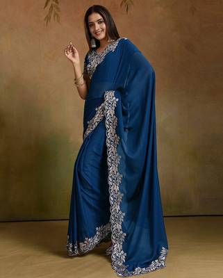 Women gorgette rama zari lace work saree 2
