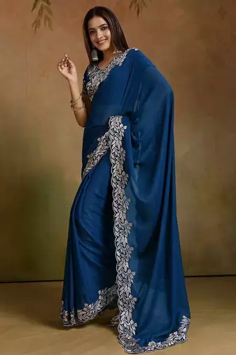 Women gorgette rama zari lace work saree