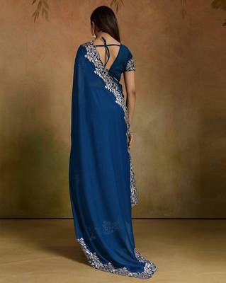 Women gorgette rama zari lace work saree 3