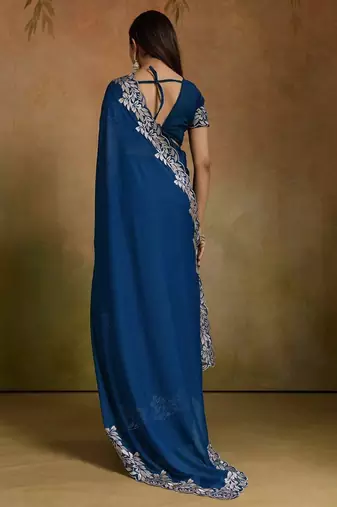 Women gorgette rama zari lace work saree