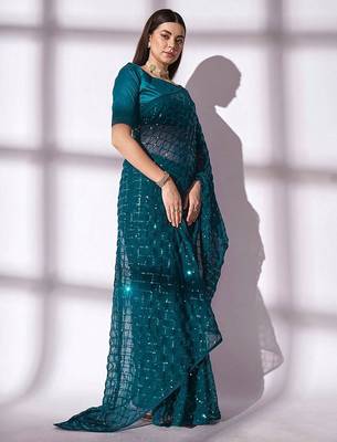 Women gorgette rama zari lace work saree 1
