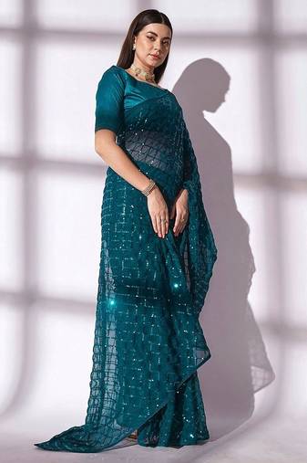 Women gorgette rama zari lace work saree