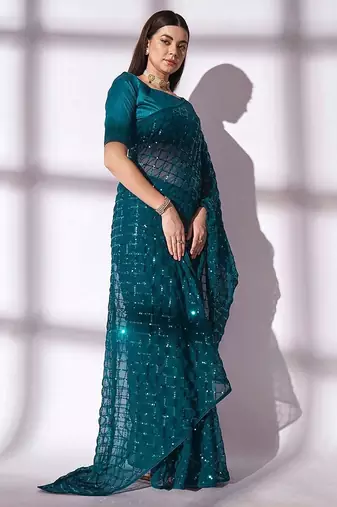 Women gorgette rama zari lace work saree