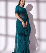 Women gorgette rama zari lace work saree