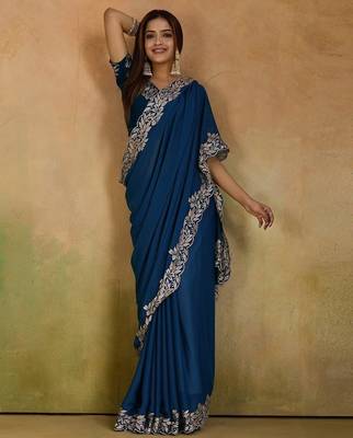 Women gorgette rama zari lace work saree 4