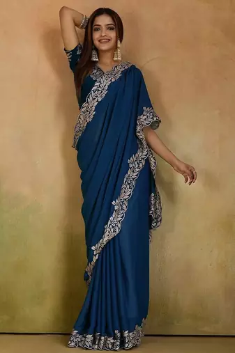 Women gorgette rama zari lace work saree