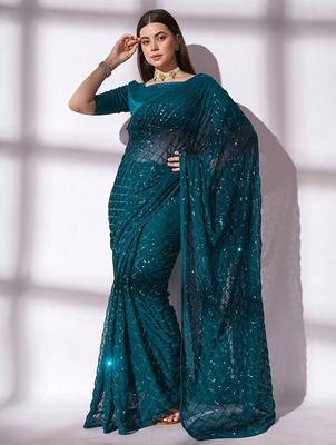 Women gorgette rama zari lace work saree 4
