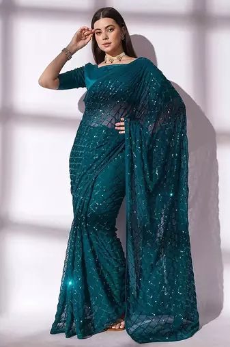 Women gorgette rama zari lace work saree