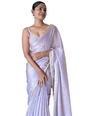 Women fandy silk blend lavender zari lace work saree 2
