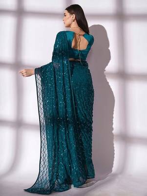 Women gorgette rama zari lace work saree 5
