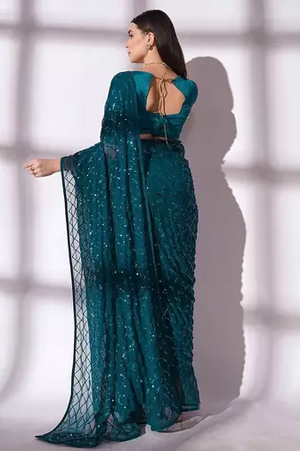 Women gorgette rama zari lace work saree