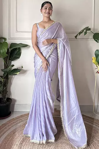Women fandy silk lavender zari lace work saree