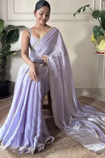 Women fandy silk lavender zari lace work saree