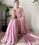 Women fandy silk blend mauve zari lace work saree