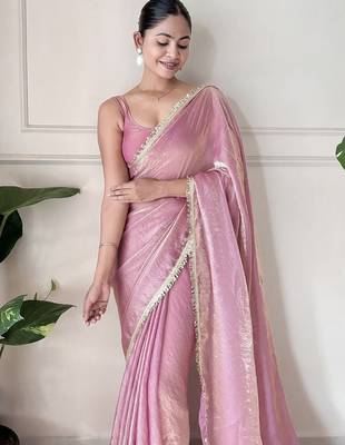 Women fandy silk blend mauve zari lace work saree 2