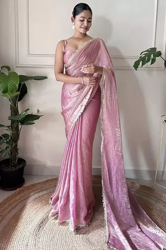 Women fandy silk mauve zari lace work saree